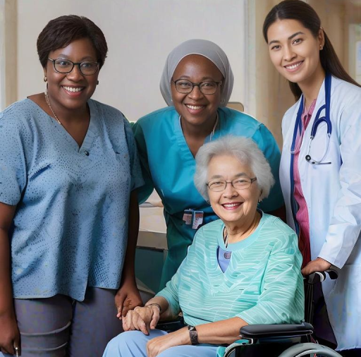 Home health aide, nurse, and doctor cheerfully providing compassionate care to a joyful patient.