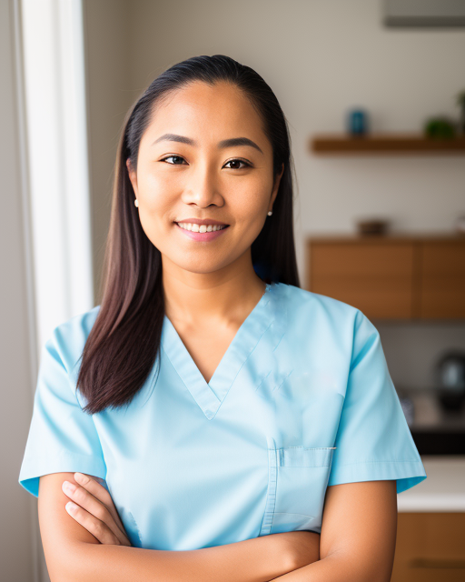 Smiling nurse in blue scrubs providing compassionate care.